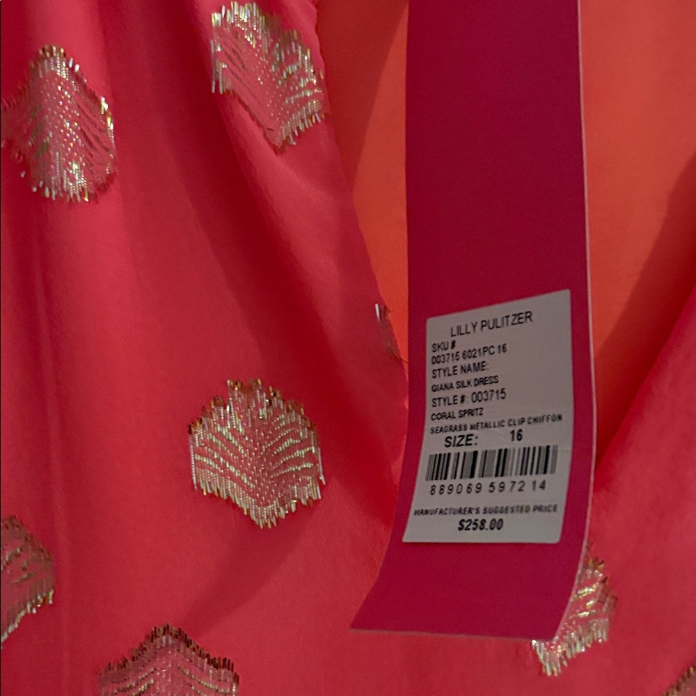Lilly Pulitzer Giana Silk Coral Dress with Gold Metallic Clip - Picture 2 of 6
